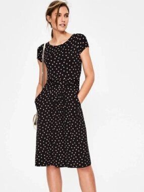BODEN Amelie Black Pink Polka Dot Jersey Dress Size 14